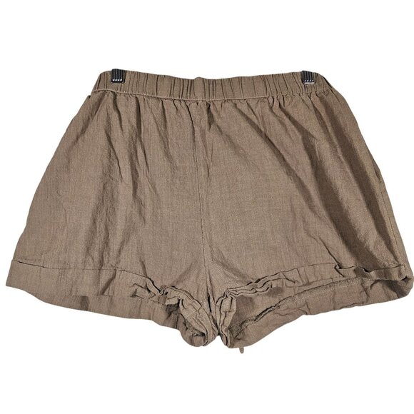 Brown Elastic Waist Linen Blend Shorts With Front Tie & Rolled Hem - Picture 2 of 7